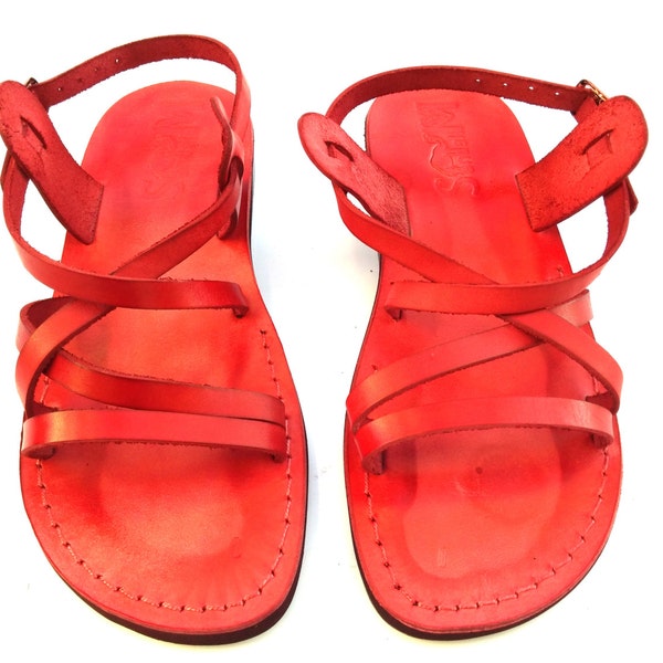 Red Leather Sandals for Women, Ladies' Greek Style Handmade Flats, Grecian Spartan Summer Beach Sandals, LONDON
