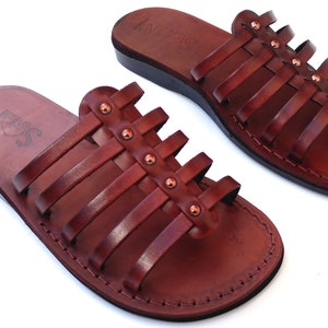 Brown Leather Open Toe Sandals for Ladies, Women&#39;s Greek Style Slides Summer Beach Sandals, Everyday Shoes for Comfort Walking, NEPTUN