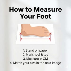 image showing a two-part guide for finding the perfect fit for handmade leather sandals. The first part, titled 'How to Measure Your Foot', illustrates how to stand on paper, mark the heel and toe, and measure the length in CM. The second part, 'Match Your Size Here', is a detailed size chart for men's and women's leather sandals, converting CM measurements to EU (35-50 for men, 35-46 for women), US, UK, and AU sizes. This guide helps customers choose the right size for their leather sandals