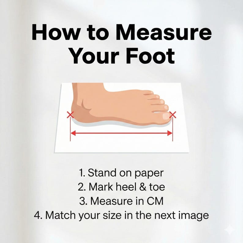 image showing a two-part guide for finding the perfect fit for handmade leather sandals. The first part, titled 'How to Measure Your Foot', illustrates how to stand on paper, mark the heel and toe, and measure the length in CM. The second part, 'Match Your Size Here', is a detailed size chart for men's and women's leather sandals, converting CM measurements to EU (35-50 for men, 35-46 for women), US, UK, and AU sizes. This guide helps customers choose the right size for their leather sandals