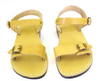 Yellow Leather Sandals for Women, Classic Biblical Jesus Sandals with Buckles, Ladies' Comfortable Greek Style Sandals, KIBUTZ