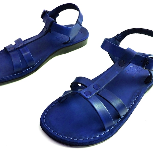 Blue Leather Sandals for Women, Ladies' Back Ankle Strap, Biblical Roman Greel style Shoes, MAYA