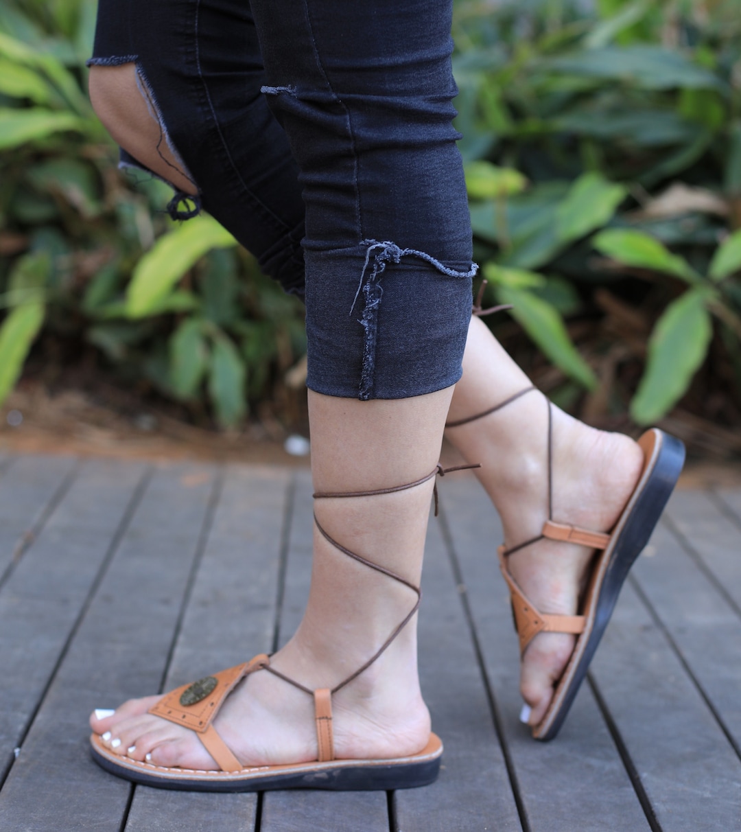 Brown Lace up Leather Sandals for Women, Ladies' Tie up Flats