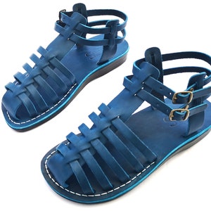 Blue Leather Fisherman Sandals for Women, Ladies Comfortable Elegant Greek style Classic Sandals, EIMI
