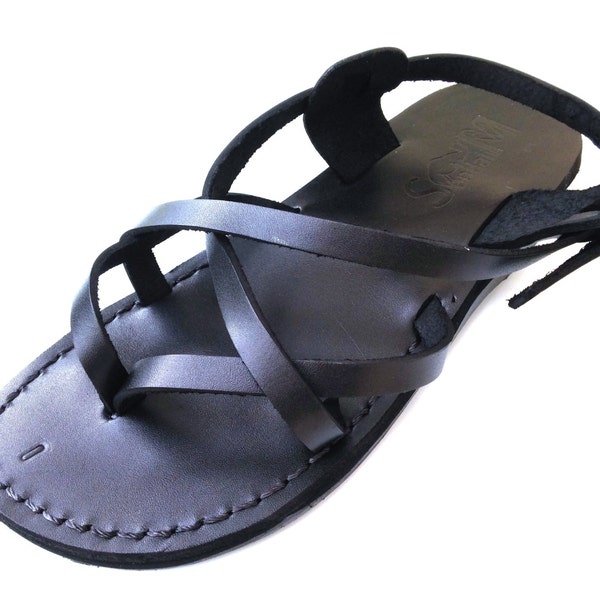 Black Leather Ladies' Sandals,  Summer Beach Ankle Strap Sandals, Women's Flats Shoes, VENICE