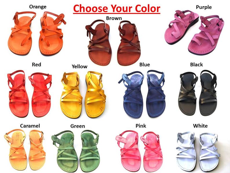 Peut inclure: Une s&eacute;lection de sandales en cuir dans diff&eacute;rentes couleurs, notamment orange, rouge, jaune, marron, bleu, noir, caramel, vert, rose et blanc. Choisissez votre couleur.