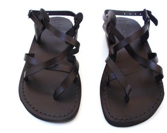 Black Strappy Summer Jesus Sandals for Women and Men, Leather Flats, Classic Grecian Roman Sandals, TROY