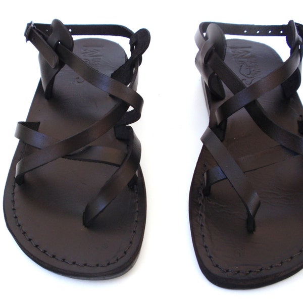 Black Strappy Summer Jesus Sandals for Women and Men, Leather Flats, Classic Grecian Roman Sandals, TROY