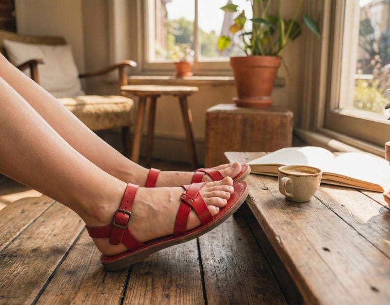 Red handmade leather sandals in a cozy indoor home setting. Relaxed feet with coffee and books, showcasing soft leather comfort for everyday wear.