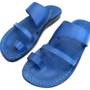 Blue Leather Sandals for Men and Women Handmade Flats Flip - Etsy