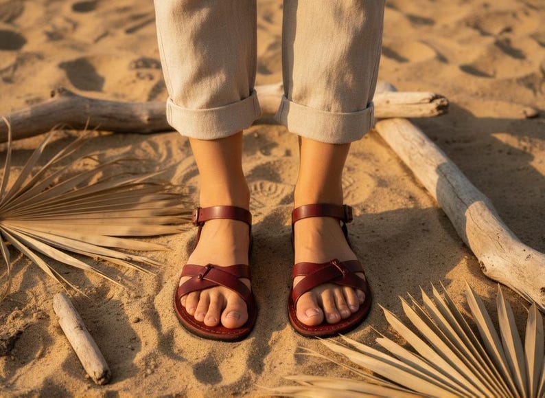 Dark brown minimalist leather sandals on a sandy beach. Rustic flat summer shoes paired with linen trousers for a natural organic look.