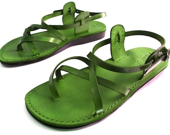 Green Leather Summer Sandals for Women, Ladies Ankle Straps Flat Sandals, Greek Style Sandals, TROY