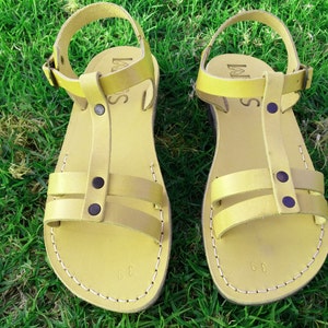 Yellow Leather Sandals for Women, Ladies&#39; Summer Beach Gladiator Strappy Sandals with Ankle Straps, MAYA