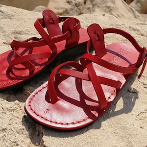 Red Women&#39;s Leather Sandals, Ladies Everyday Comfortable Shoes, Spartan Style Sandals, TROY