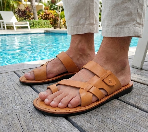 Handmade Mens Tan Flip Flops Natural Tan Jesus Toe Loop Leather
