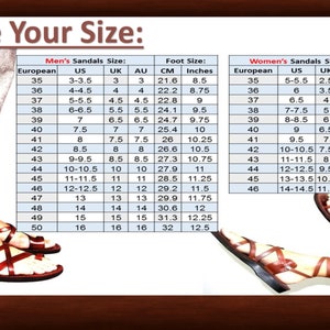 May include: A size chart for sandals, showing European, US, UK, and AU sizes, along with corresponding foot measurements in centimeters and inches. The chart includes both men's and women's sizes.