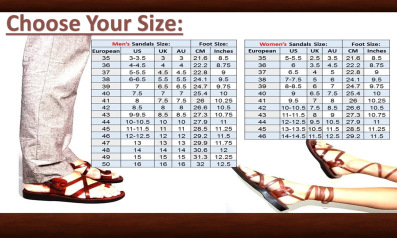 May include: A size chart for sandals, showing European, US, UK, and AU sizes, along with corresponding foot measurements in centimeters and inches. The chart includes both men's and women's sizes.