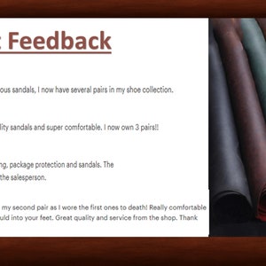 May include: Close-up of several rolls of leather in different colors, including brown, dark brown, green, and black. The leather is arranged in a semi-circle, with the ends of the rolls overlapping. The image is accompanied by text that reads "Recent Feedback" and includes several five-star reviews.