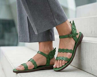 Green Leather Sandals | Olive Earthy Flats | Artsy Scalloped Straps | Nature Inspired Forest Footwear | ATHENA