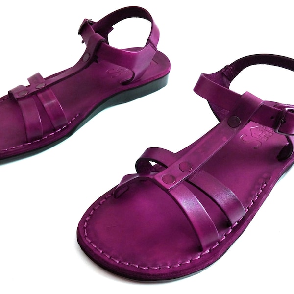 Violet Leather Sandals for Women, Ladies' Gladiator Strappy Sandals with Back Buckle Ankle Strap, Summer Beach Sandals, MAYA