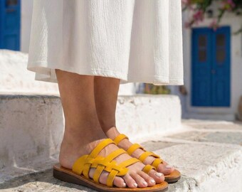Yellow Leather Slides | Summer Vacation Sandals | Beach Toe Loop Flats | Sunshine Slip On Shoes | Travel Walking Sandal | ARMIN
