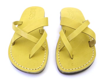 Yellow Summer Beach Women's Flip Flops Sandals, Classic Flats Thong Sandals, Spartan Grecian Roman Greek Style Sandals, XSTRAP