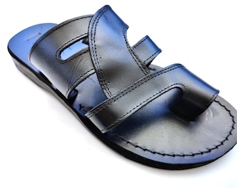 Men's Black Toe Ring Leather Sandals, Summer Beach Roman Sandals, Greek Sandals for Men, CORNELIUS