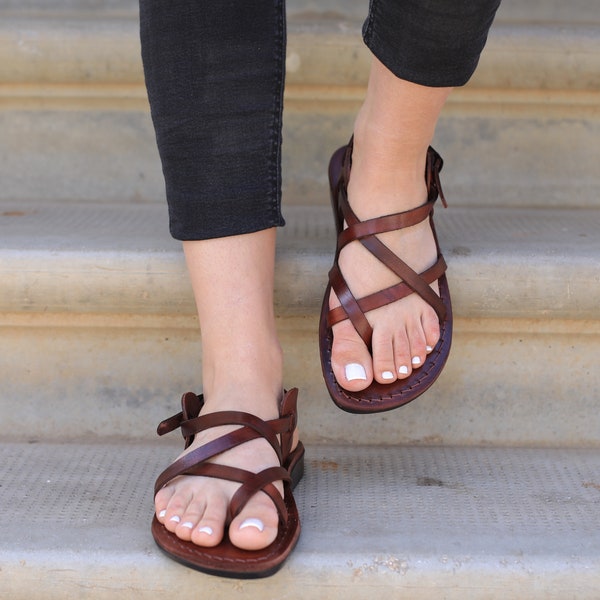 Women's Brown Leather Jesus Sandals, Classic Gladiator Style, Greek Spartan Sandals, TROY