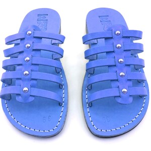 Blue Leather Open Toe Sandals for Ladies, Women&#39;s Greek Style Slides Summer Beach Sandals, Everyday Shoes for Comfort Walking, NEPTUN