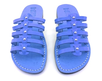 Blue Leather Open Toe Sandals for Ladies, Women's Greek Style Slides Summer Beach Sandals, Everyday Shoes for Comfort Walking, NEPTUN