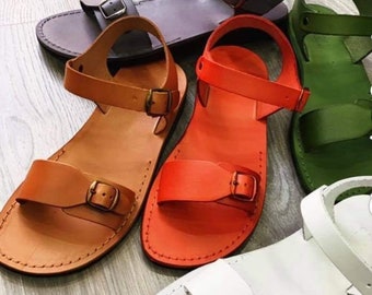 Brown Leather Sandals for Women and Men, Classic Biblical Roman Spartan Summer Beach Buckle Sandals, Grecian Ancient Jesus Sandals, KIBUTZ