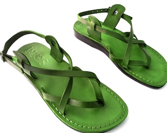 Green Leather Ankle Strap Sandals for Women, Ankle Strap Ladies