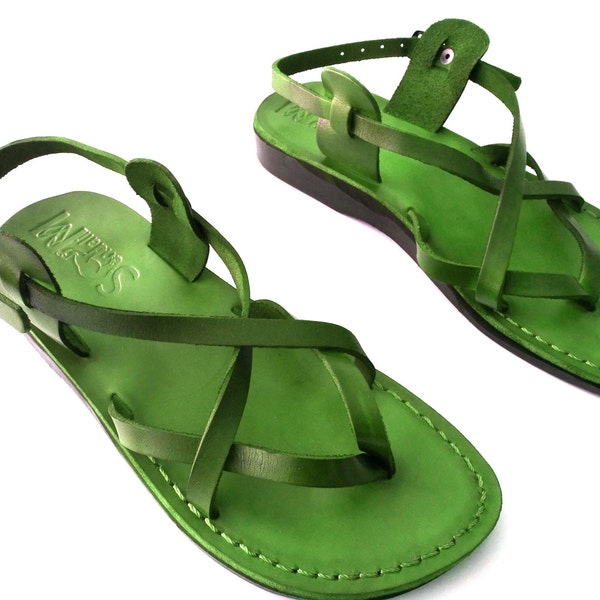 Green Leather Ankle Strap Sandals for Women, Ankle Strap Ladies Sandals, Greek Style Summer Leather Flats, VENICE