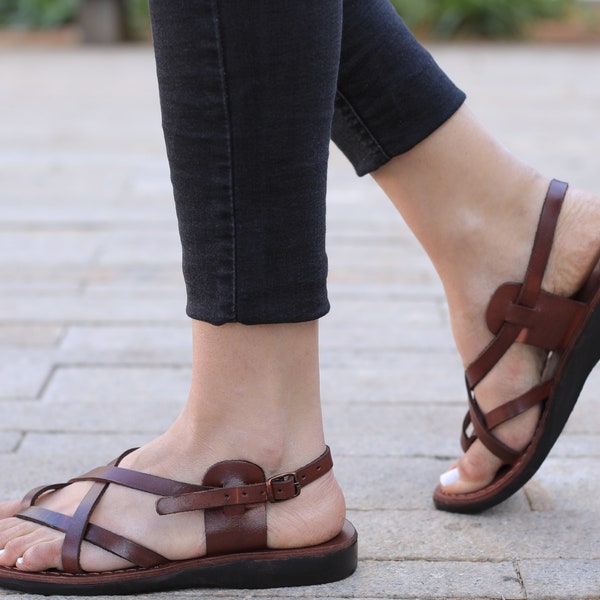 Brown Leather Sandals for Women, Ladies' Grecian Summer Ankle Strap Sandals, Gladiator Women's Shoes, VENICE