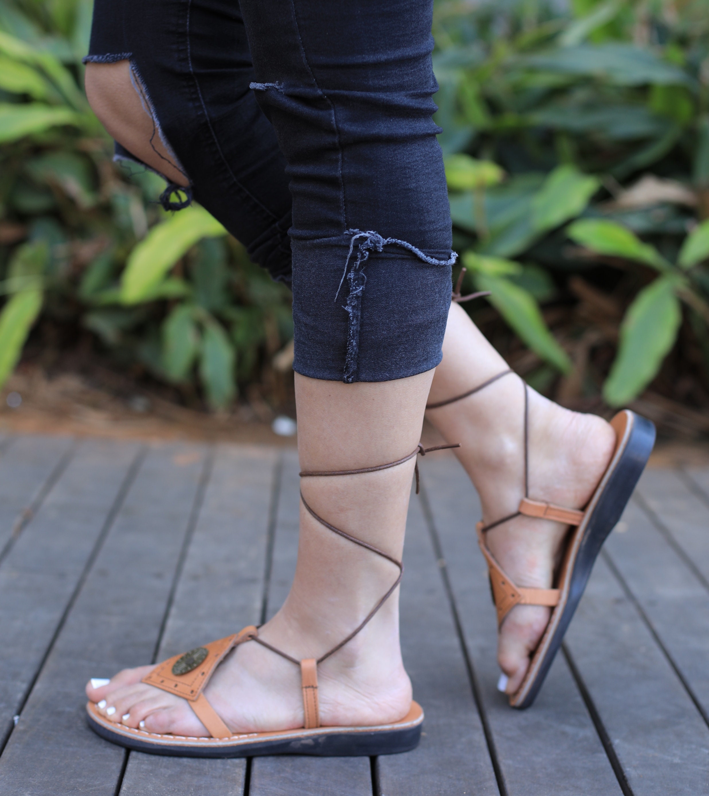 Brown Lace Up Women's Tie Up Sandals Classic Flats | Etsy