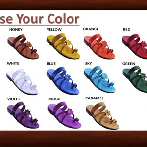 May include: A selection of sandals in various colors, including brown, honey, yellow, orange, red, gray, black, white, blue, sky, green, apple, pink, violet, nahdi, and caramel. The sandals have a simple design with three straps and a flower embellishment.