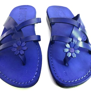 Blue Leather Sandals for Ladies, Women&#39;s Greek Style Flip Flops Summer Beach Sandals, Everyday Shoes for Comfort Walking, NARCISSUSS