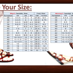 May include: A size chart for sandals, showing European, US, UK, and AU sizes, along with corresponding foot measurements in centimeters and inches. The chart includes both men's and women's sizes.