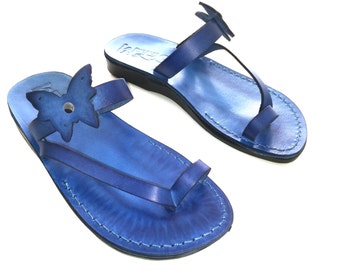 Blue Leather Sandals for Ladies, Women's Spartan Greek Style Slide Summer Beach Sandals, Everyday Shoes for Comfort Walking, BUTTERFLY