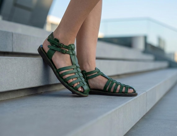 Green Leather Fisherman Sandals | Earthy Nature Inspired Shoes | Caged Gladiator Flats | Unique Handmade Walking Footwear | EIMI