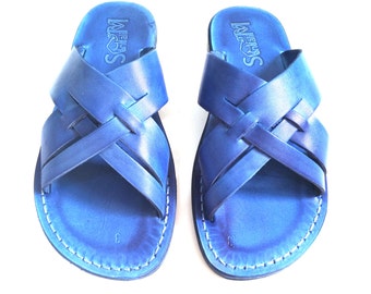 Blue Leather Summer Sandals for Men and Women, Fisherman Open Toe Classic Sandals, Flats Slide Sandals, MICHAEL