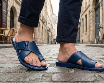 Blue Leather Sandals Men | Colorful Toe Ring Slides | Bold Statement Summer Shoes | Handmade Crisscross Flats | Vibrant Beach Wear| BROOKLYN