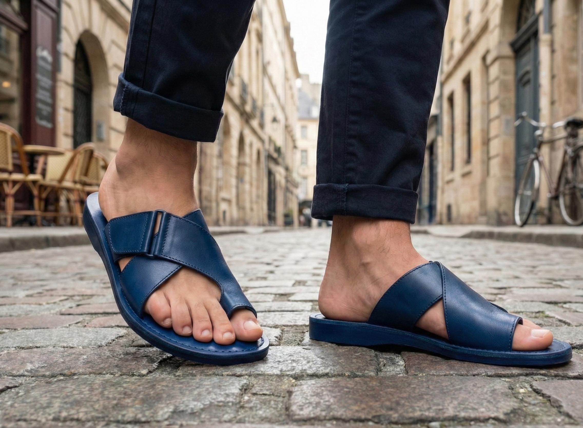Blue Leather Sandals Men | Colorful Toe Ring Slides | Bold