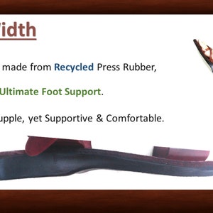 May include: A close-up of a sandal sole made from recycled press rubber. The sole is 1.1 inches wide and 0.5 inches thick. The text "Sole Width" is at the top of the image. The text "Our Soles are made from Recycled Press Rubber, Designed for Ultimate Foot Support. It is Light & Supple, yet Supportive & Comfortable." is below the image of the sole.