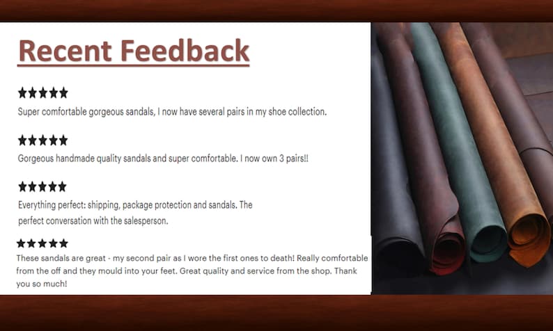 May include: Close-up of several rolls of leather in different colors, including brown, dark brown, green, and black. The leather is arranged in a semi-circle, with the ends of the rolls overlapping. The image is accompanied by text that reads "Recent Feedback" and includes several five-star reviews.