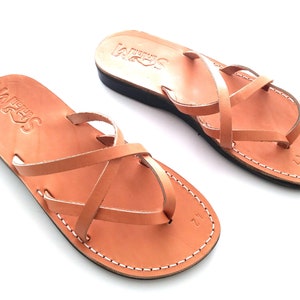 Brown Genuine Leather Sandals for Women, Ladies Womens Shoes, Summer Sandals, Flip-Flops, Flats, Slides, Thongs, Comfort Walking, CRISSCROSS image 3