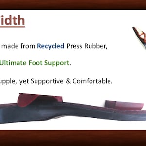 May include: A close-up of a sandal sole made from recycled press rubber. The sole is 1.1 inches wide and 0.5 inches thick. The text "Sole Width" is at the top of the image. The text "Our Soles are made from Recycled Press Rubber, Designed for Ultimate Foot Support. It is Light & Supple, yet Supportive & Comfortable." is below the image of the sole.