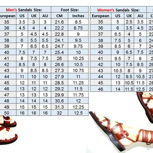 Peut inclure: Un tableau des tailles pour sandales avec des mesures en tailles am&eacute;ricaines et europ&eacute;ennes, ainsi qu'en centim&egrave;tres et en pouces. Le tableau comprend des tailles pour les hommes et les femmes.
