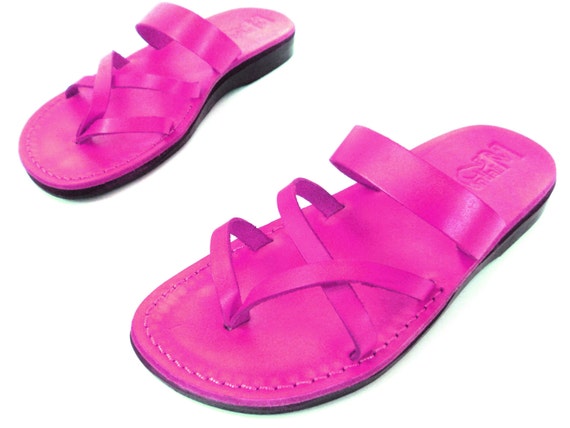 pink leather flip flops
