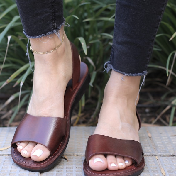 Leather Sandals For Women, Ladies Classic Brown Flats, Elegant Classic Sandals, RINA